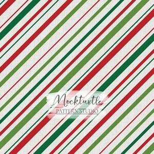May include: A seamless pattern featuring diagonal stripes in red and green on a white background. The pattern is reminiscent of candy canes. The text "Mockturtle PATTERN STUDIO" is in the center of the image.