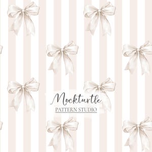 May include: A repeating pattern of white bows on a striped background of white and pale pink. The bows are tied with long flowing ribbons. The text "Mockturtle PATTERN STUDIO" is at the bottom.