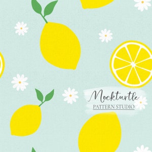 May include: A seamless pattern featuring yellow lemons and white daisies on a light blue background. The text "Mockturtle PATTERN STUDIO" is in the centre of the design.
