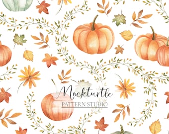 Boho Pumpkin Seamless Pattern | Watercolour Floral Autumn Pumpkins | Floral Pumpkin Surface Pattern | Commercial Use Surface Pattern