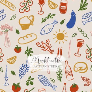 Könnte beinhalten: Ein nahtloses Muster mit handgezeichneten Illustrationen von Speisen und Getränken. Das Design umfasst Weingläser, Flaschen, Fische, Tomaten, Brot und einen Hummer in verschiedenen Farben auf cremefarbenem Hintergrund. Der Text "Mockturtle Pattern Studio" ist ebenfalls vorhanden.