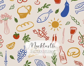 Whimsy Mediterranean Seamless Pattern | Doodle Food Design | Commercial Use Surface Pattern
