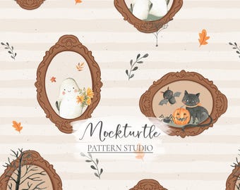 Halloween Seamless Pattern | Spooky Ghost Portraits | Little Ghosts | Commercial Use Surface Pattern