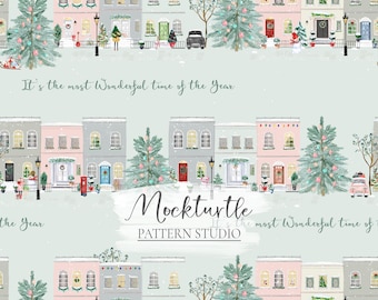 Weihnachtsdorf nahtlose Muster | Ferien Stadthäuser | Kommerzielle Nutzung Oberflächenmuster