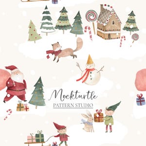 Patrón sin costuras de Papá Noel / Patrón sin costuras de Navidad / Patrón de superficie de árbol de Navidad / Papá Noel y elfos, patrón de superficie para uso comercial