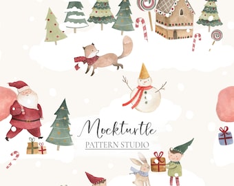 Santa Claus Seamless Pattern | Christmas Seamless Pattern | Christmas Tree Surface Pattern | Santa and Elves, Commercial Use Surface Pattern