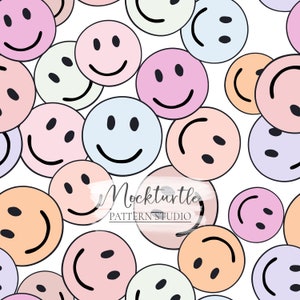 May include: A seamless pattern featuring a variety of pastel colored smiley faces. The background is white. The text "Mockturtle PATTERN STUDIO" is in the center of the image.