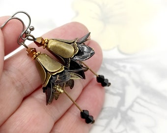 Black gold flower earrings, Bell flower dangle, Earrings flower, Bell flower dangle, Flower earrings, Flower dangle, Bell drop earrings Boho