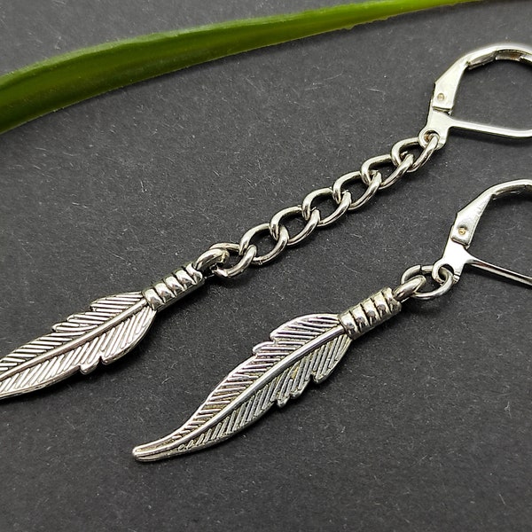 Long feather earrings short feather earrings silver men dangle goth earrings goth dangle symbol dangle guys earrings guys dangle boho dangle