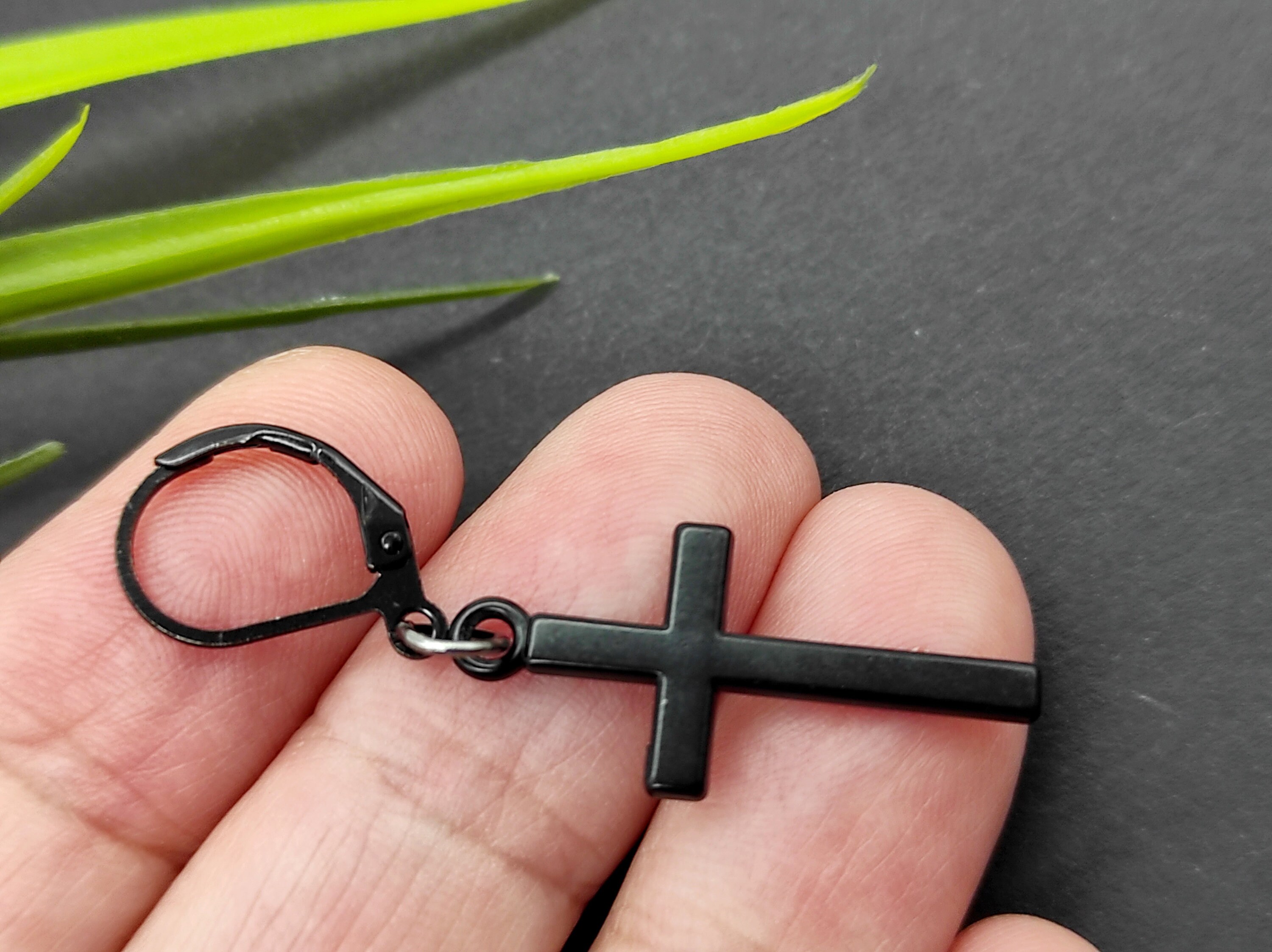 Dangling black cross earrings deals