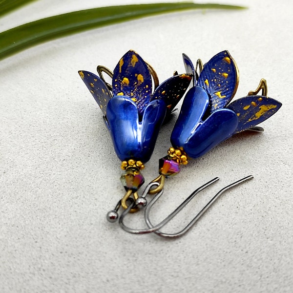 Blue flower earrings, Bell flower dangle, Earrings flower, Blue bell dangle, Wife gift, Ooak earrings, Flower dangle, Statement  earrings