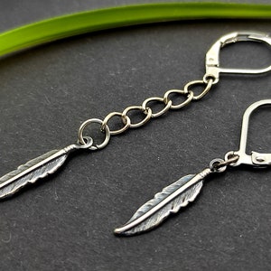 Silver feather dangle, feather long dangle, feather earring, short feather, antiqued sterling silver plated, men gift men feather earring