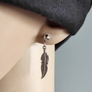 May include: A silver feather earring with a small silver ball at the top.