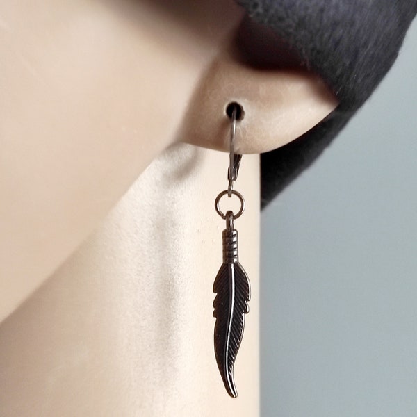 Gunmetal feather dangle feather earring symbol feather dangle symbol earring black feather guys dangle dangle hippie dangle hipster gift