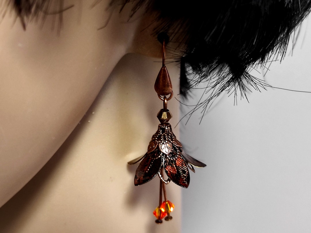 Copper Flower Earrings Bell Flower Dangle Earrings Flower Etsy