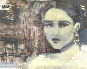 May include: A painting of a woman with dark hair and a light green face. She is wearing a white dress and has a large gold earring in her right ear. The background is a dark brown and black abstract design.