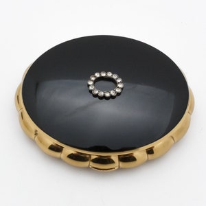 Kigu Oval brass black enamel and marcasite unused compact box
