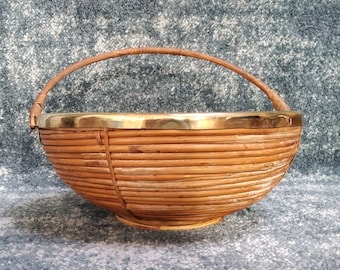 1970s Italian Rattan and Brass Large Basket in the style of Gabriella Crespi,