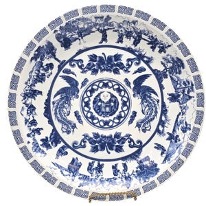 Vintage Chinese Tatung Porcelain Platter 14.25” Blue White Round Wall or Table Décor Plate