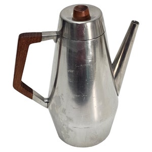 Mid Century Italian Coffee Pot, Modern Italian Coffee Pot, Steel W/ Teak Handle & Lid Coffee Pot 9&quot;H