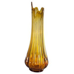 Le Smith Yellow Simplicity Swung Glass Vase, 19.5” MCM Ribbed Stretch Floor Vase, Mid-Century Modern Art Glass, Retro Home Decor, Gift