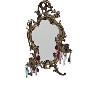 Antique French Louis XV Bronze Dore Vanity Mirror with Candle Holders & Glass Prisms