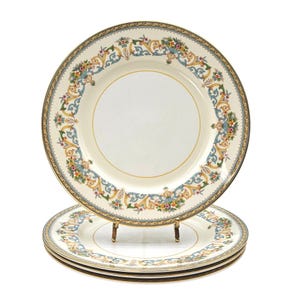 Set of 4 Aynsley Henley Fine Bone China Dinner Plates England Gold Trim Vintage English Floral Scrolls 10.5&quot; Elegant Table Décor