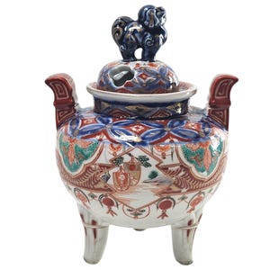 Antique Arita Imari Porcelain Censer, Foo Dog Lid, Edo-Meiji Decor