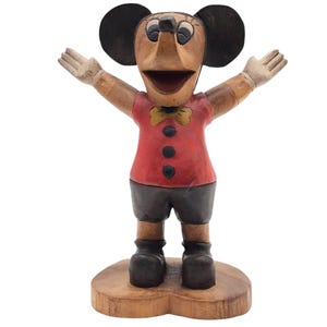 Hand-Carved Wood Mickey Mouse Folk Art Statue, Primitive Disney Sculpture, Vintage Collectible Home Décor