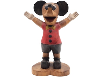 Hand-Carved Wood Mickey Mouse Folk Art Statue, Primitive Disney Sculpture, Vintage Collectible Home Décor 12"H