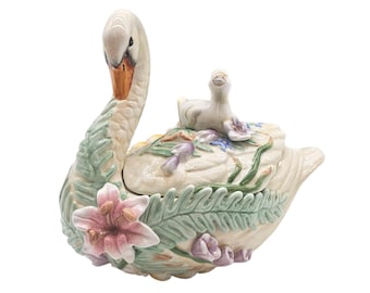 Fitz & Floyd Ceramic Swan with Baby – Floral Trinket Box or Candy Dish 7&quot; Vintage Figurine for Spring Décor or Keepsakes