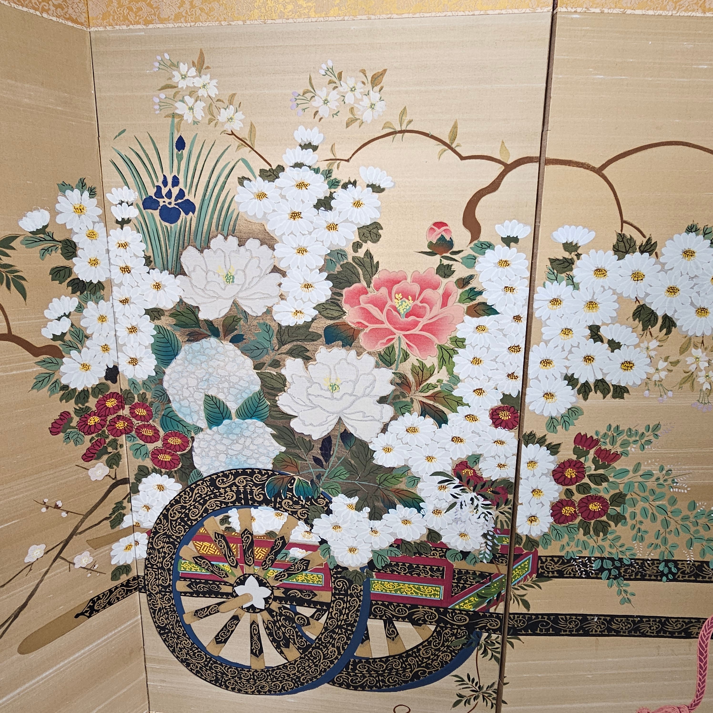 屏風 御所車 牡丹 衝立 間仕切り 手描き 折りたたみ 紙箱 ディスプレイ Japanese Panels, Showa Byobu Screen Divider, 