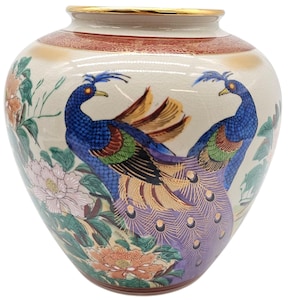 Kutani Ware Peacock Vase Hand Painted Japanese Porcelain Peony Floral Gilded 8”