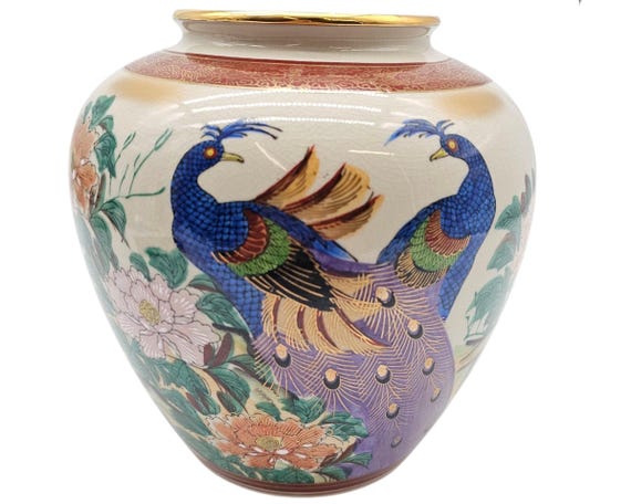 九谷 陶明 花瓶 孔雀 牡丹 金彩 フラワーベース インテリア 和 九谷 陶明 花瓶 孔雀 牡丹 金彩 フラワーベース インテリア 和 九谷 陶