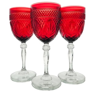Set Of 3 Cristal D’Arques Durand Ruby Red Crystal Goblets Vintage French Etched Stemware Elegant Gift Dining Décor