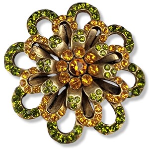 Vintage Gold Tone Floral Brooch, Green & Yellow Rhinestones, Flower Shape Brooch, 1970&#39;s Brooch/Pin