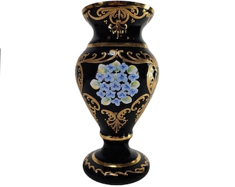 Bohemian Black Amethyst Glass Vase: 24K Gold Floral Art, Vintage Decor 10"