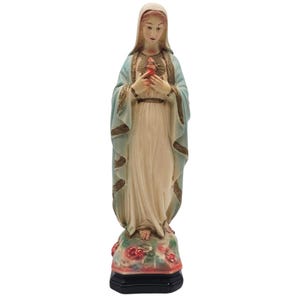 Vintage Sacred Heart Virgin Mary Statue: Hand-Painted Chalkware Religious Decor