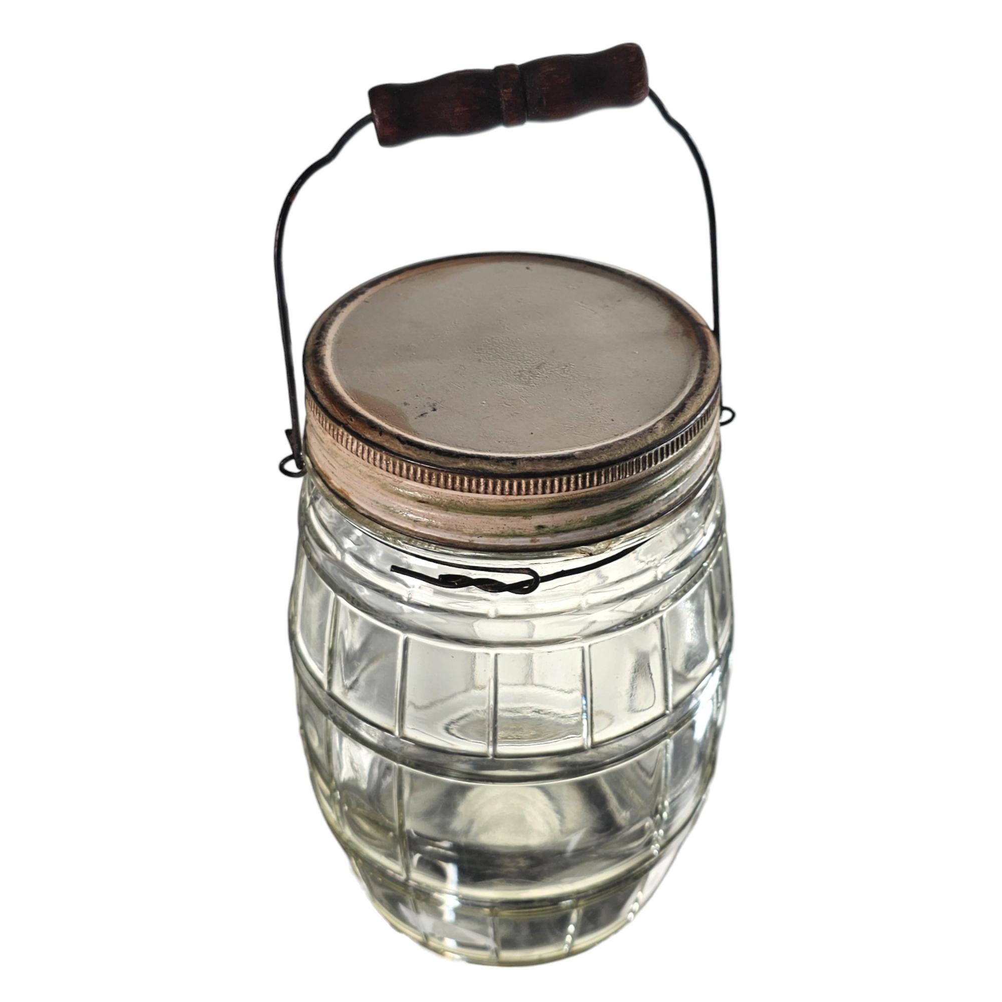 Antique Owens Illinois Glass Pickle Jar, Barrel Form, Wooden
