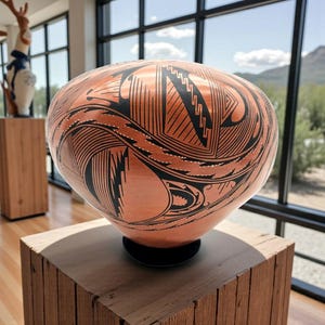 May include: A large, copper-colored ceramic bowl with intricate black geometric designs. The bowl is displayed on a wooden pedestal, showcasing its detailed patterns and craftsmanship. The bowl's surface is smooth, and the black designs create a striking contrast against the copper background.