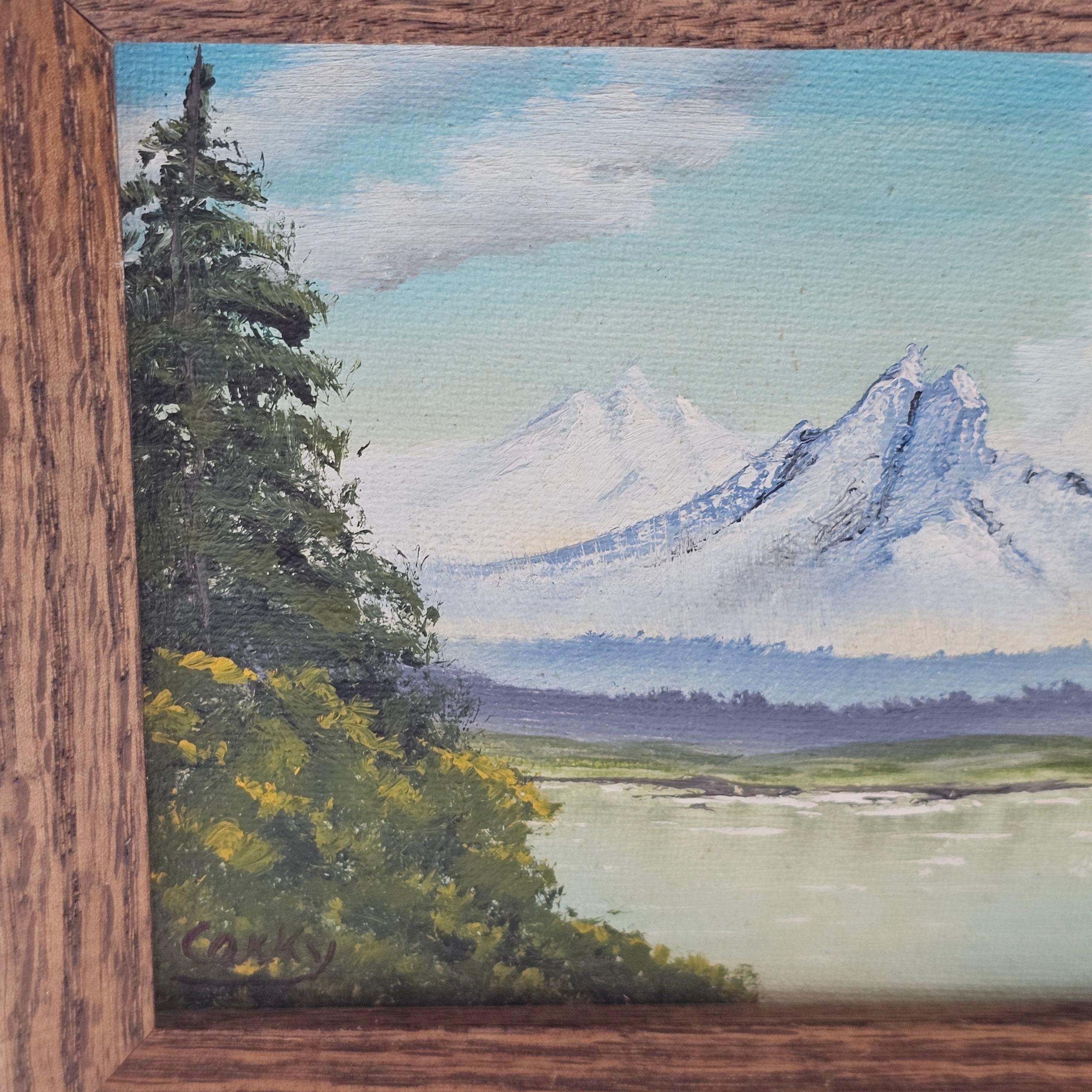 ヴィンテージ油絵：湖と山の風景、Corky作、額入りキャビンアート、幅