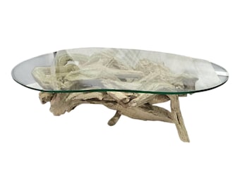 Mid-Century Burl Wood Coffee Table: Kidney Glass Top, Coastal Decor