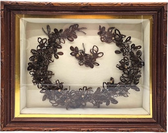 Victorian Human Hair Mourning Wreath, Antique Memento Mori Hairwork Art in Shadow Box Frame 23"