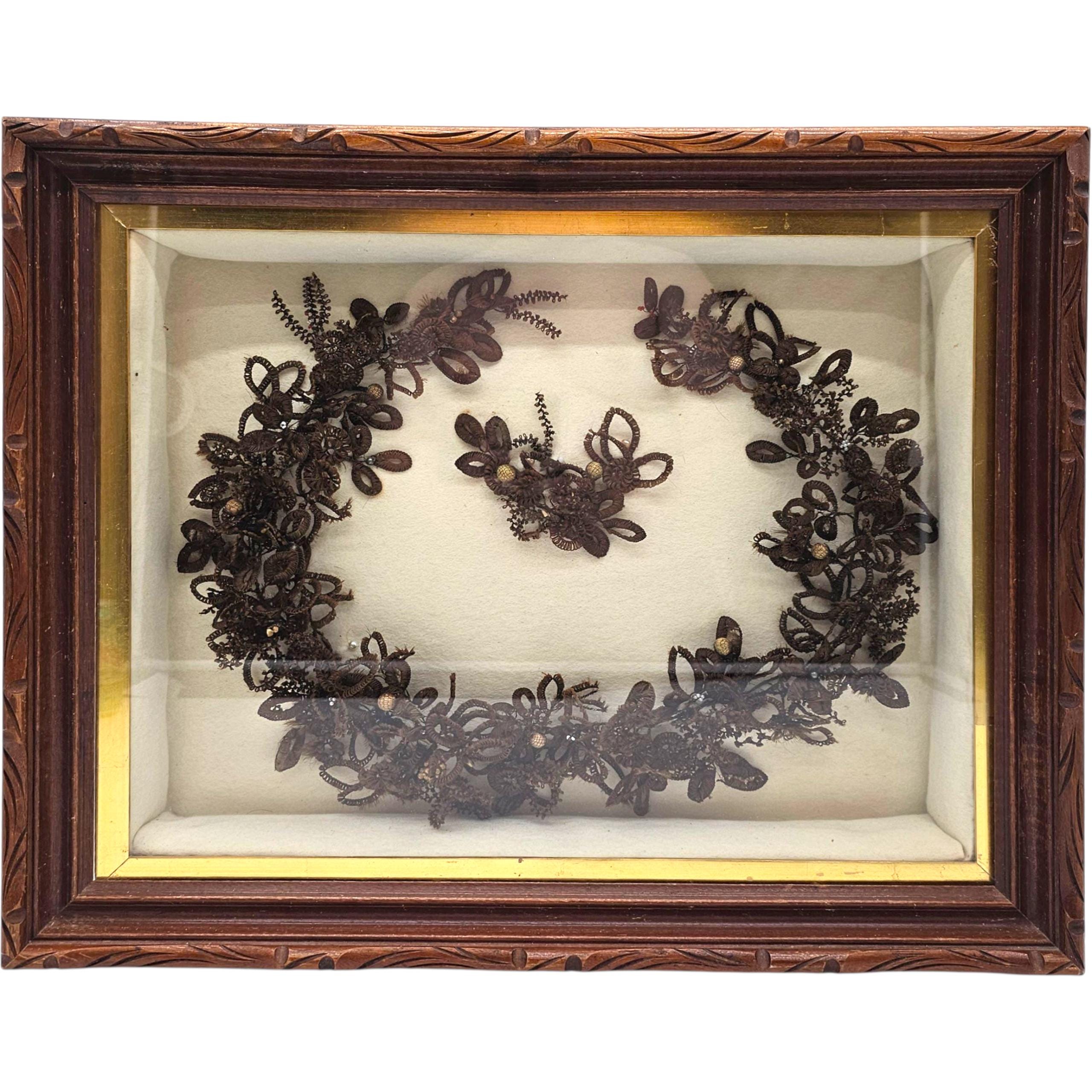 Victorian Human Hair Mourning Wreath, Antique Memento Mori