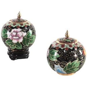 Vintage Cloisonné Mini Vases, Enameled Black Pair Vase, Chinese Mini Vase Pair W/ Box and Stand 3&quot;H