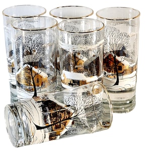 Vintage Libbey Glass Tumblers Highball Glasses Snow Sleigh Ride Farm Winter (6)