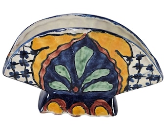Talavera Pottery, Mexican Napkin Holder, Hand Painted Tissue Holder, Blue Floral Napkin Holder