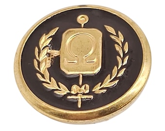 Vintage Greek Omega Emblem Collector Button in Gold Metal with Enamel Inlay .75"