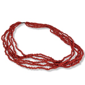 Vintage Red Glass Beaded Multi Strand Necklace - 1980s Tribal Style