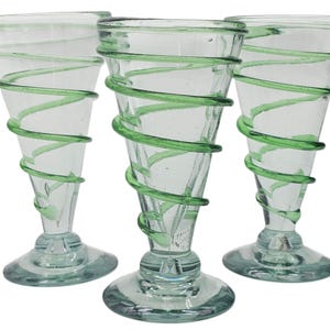 VTG Mexican Hand Blown Green Art Glass Goblets Set of 3, Spiral Swirl Iced Tea Tumblers – Rustic Barware Décor